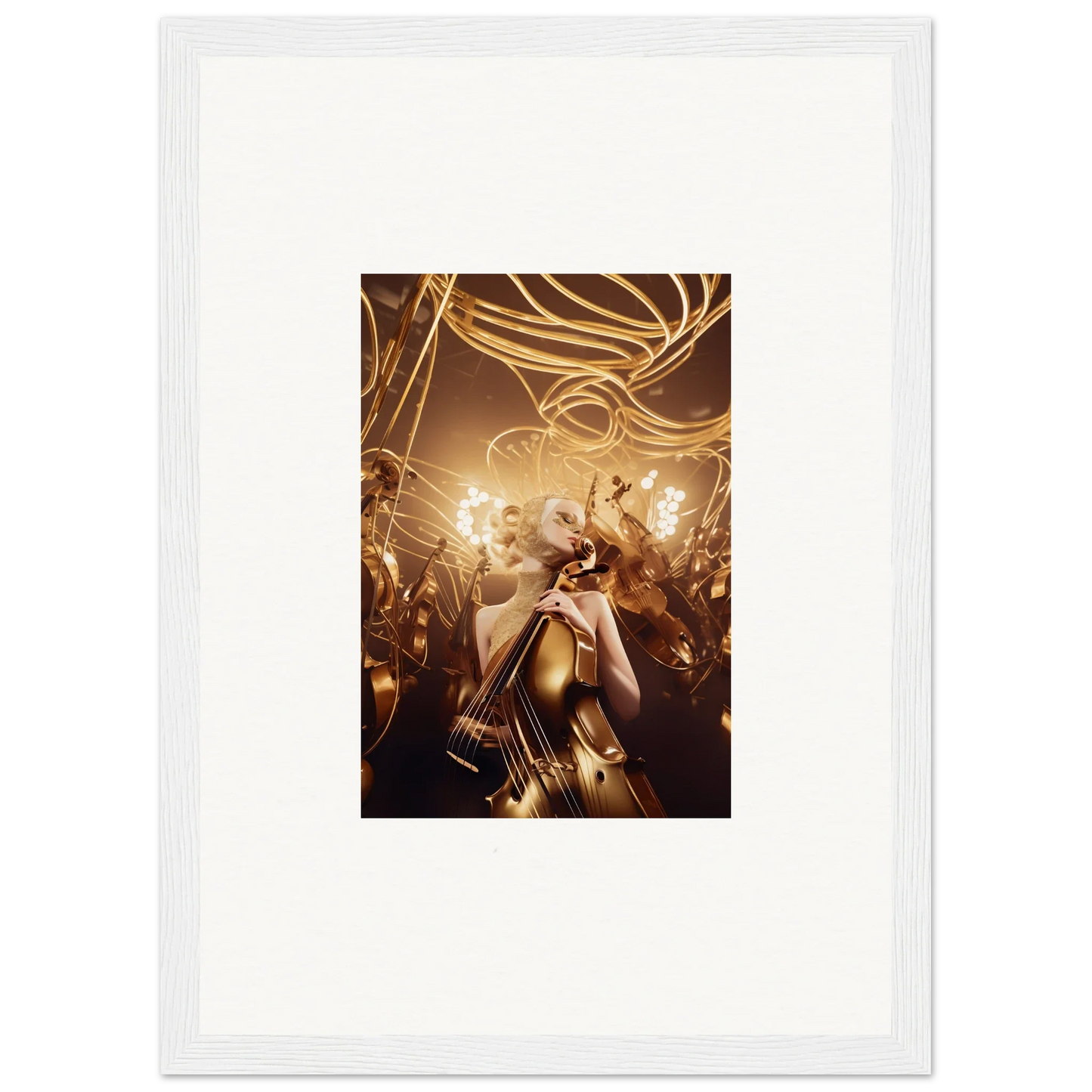 Framed wall art of a glamorous figure on stage in Golden Harmony Enigma room decor