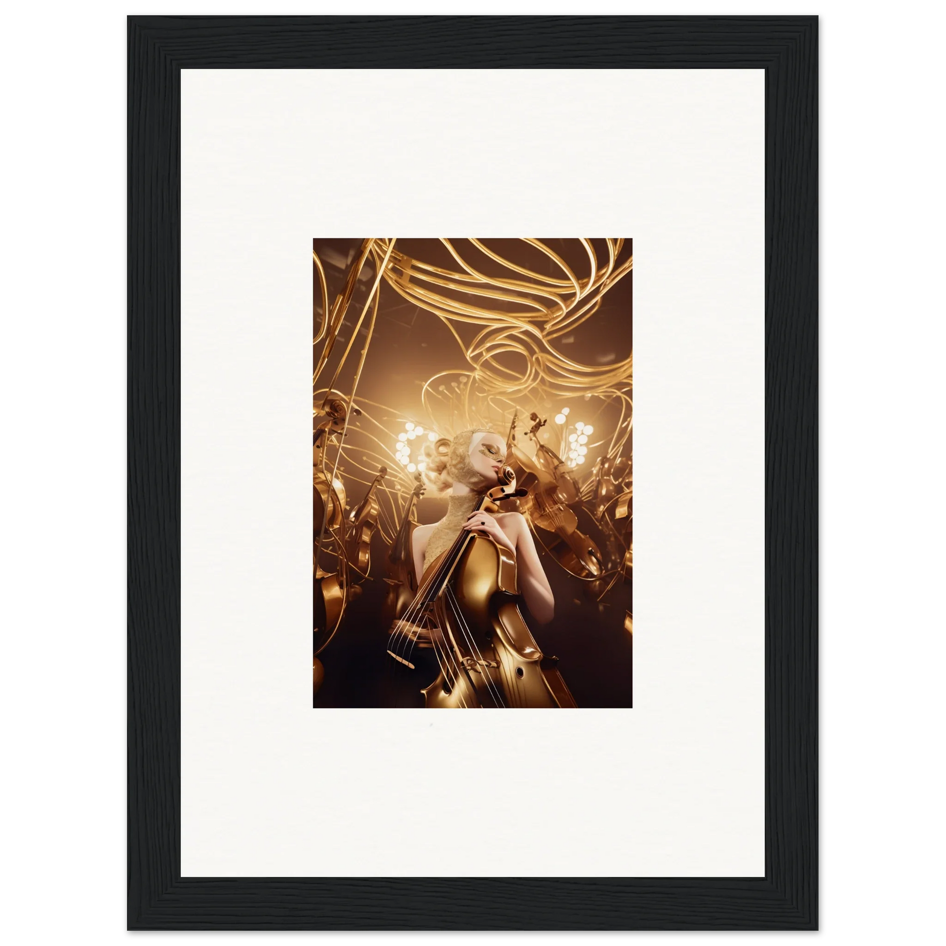 Framed wall art of Golden Harmony Enigma with a golden figure and swirling light trails