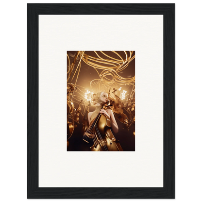 Framed wall art of Golden Harmony Enigma with a golden figure and swirling light trails