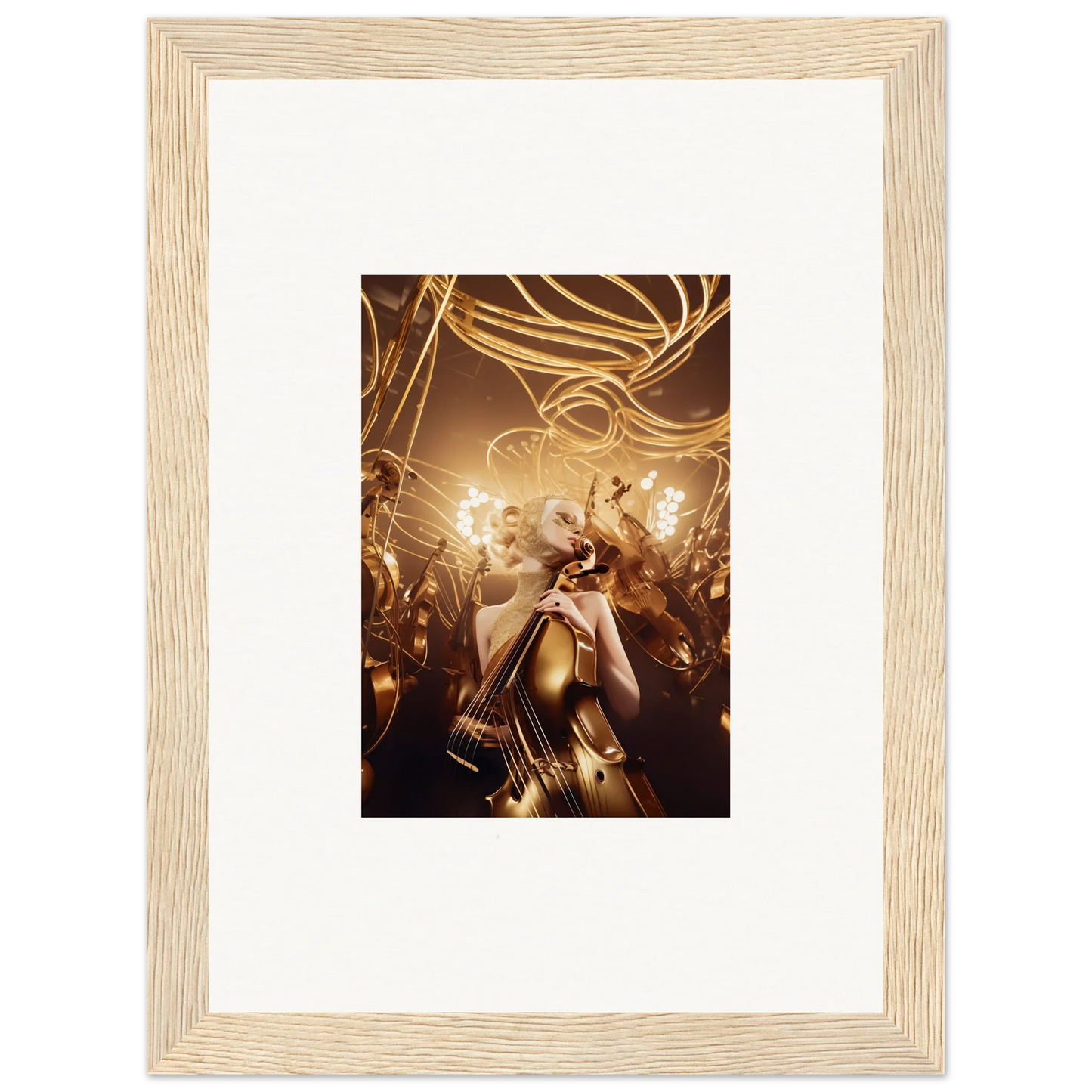 Framed wall art of Golden Harmony Enigma with light streaks in a celebratory scene