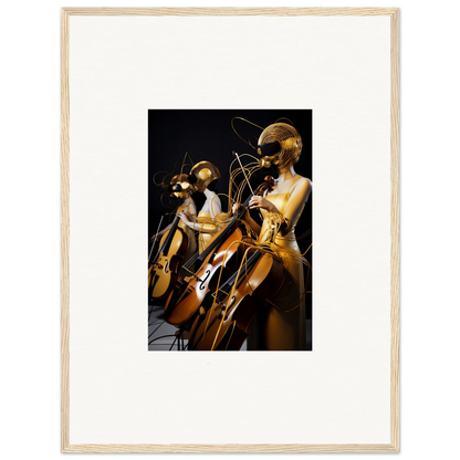 Framed wall art featuring golden humanoid figures in Amber Crescendo playing instruments