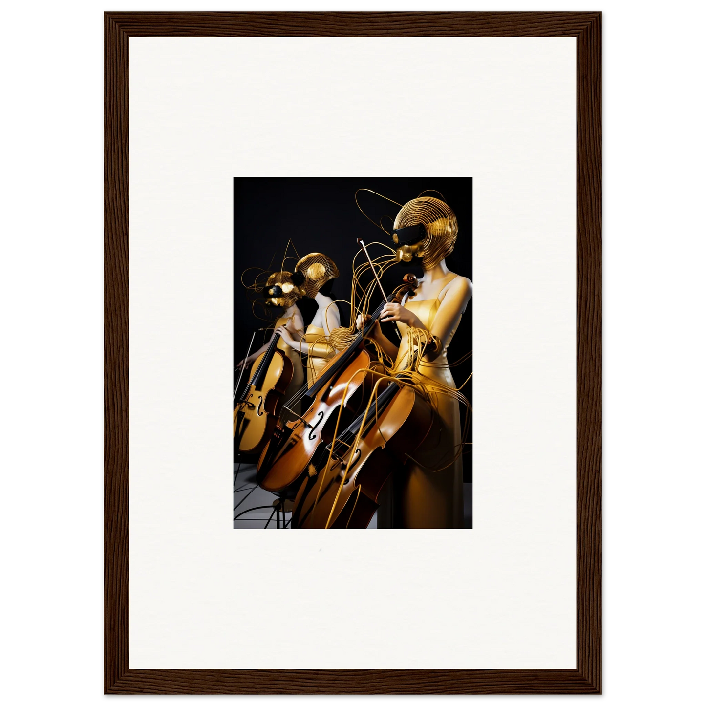 Framed wall art of golden mannequins playing stringed instruments, Electric Amber Crescendo