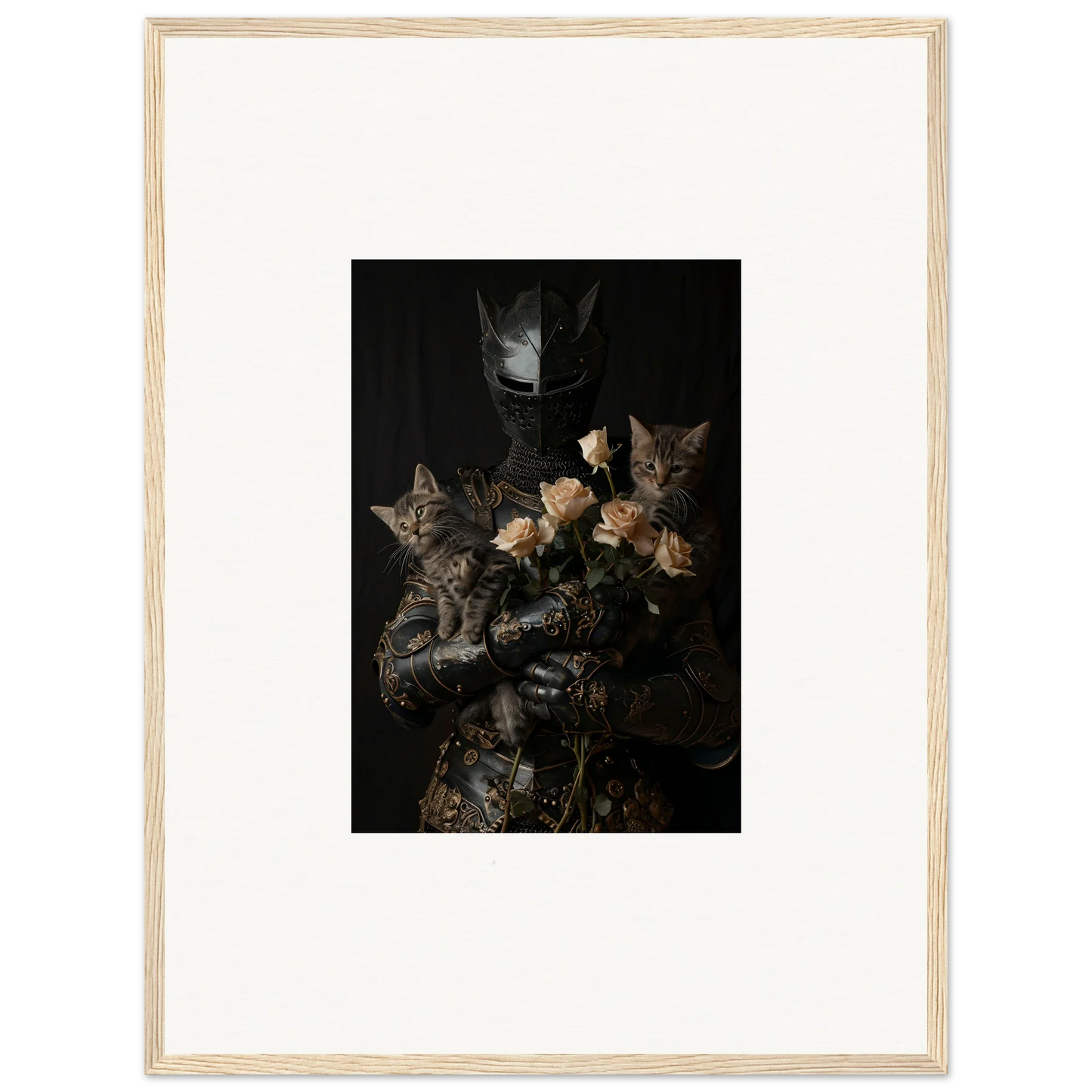 Framed wall art of cuddle chaotica kittens among flowers in a moody room decor setting