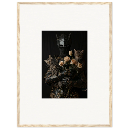 Framed wall art of cuddle chaotica kittens among flowers in a moody room decor setting