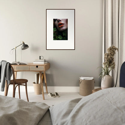 Framed wall art of lips and foliage, perfect for vibrant room decor in Leaf Symphony style