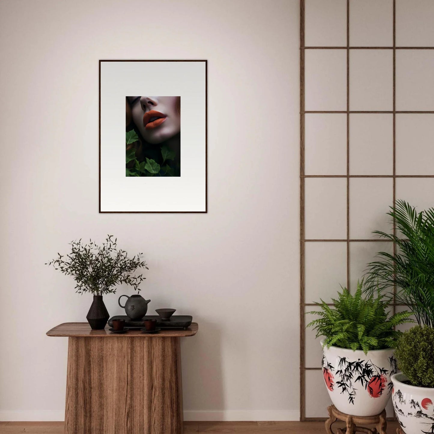 Framed wall art of lips and foliage for unique room decor in a Leaf Symphony theme