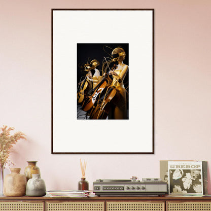 Framed wall art of mannequins playing cellos, perfect for Amber Crescendo room decor