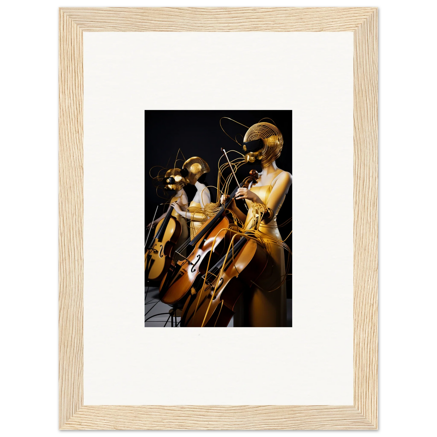 Framed wall art of mannequins playing instruments, featuring Electric Amber Crescendo design