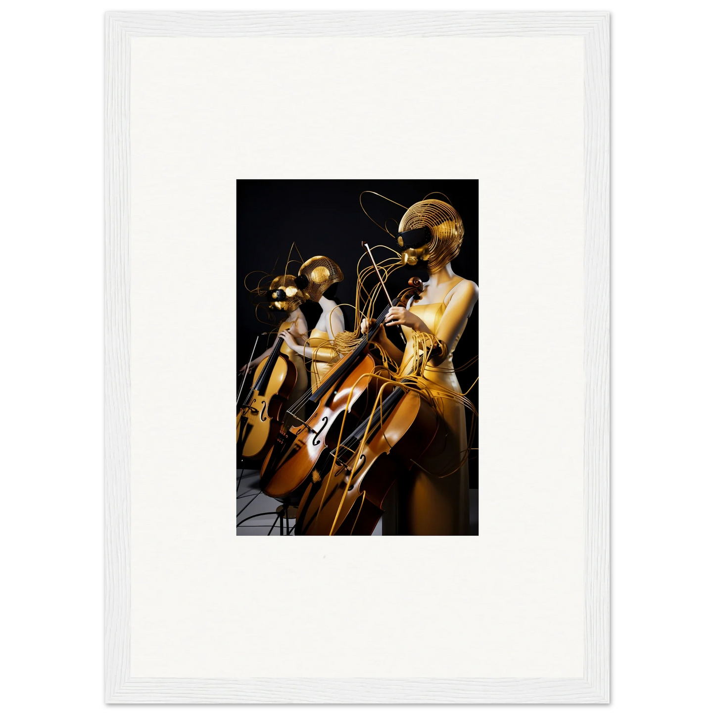 Framed wall art featuring mannequins playing music, ideal for Amber Crescendo room decor