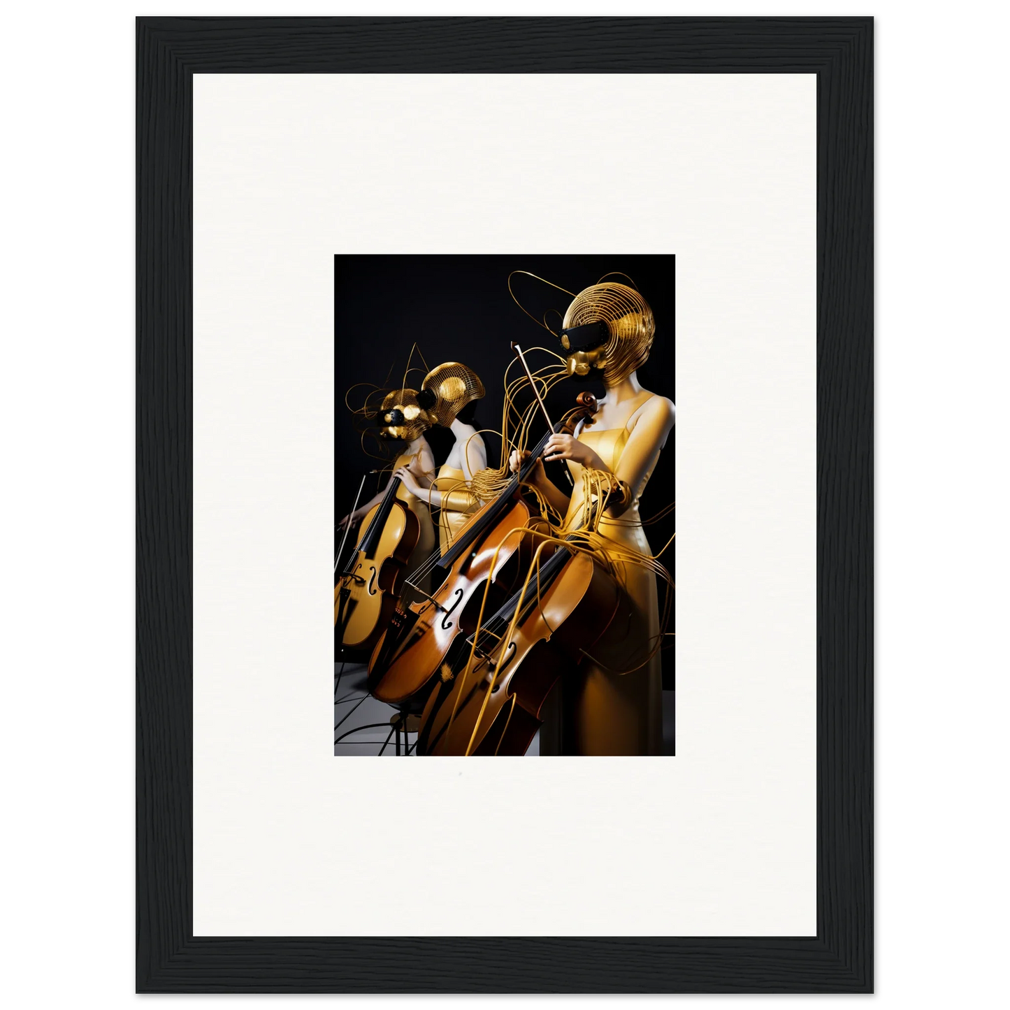 Framed wall art featuring mannequins playing instruments in Amber Crescendo room decor