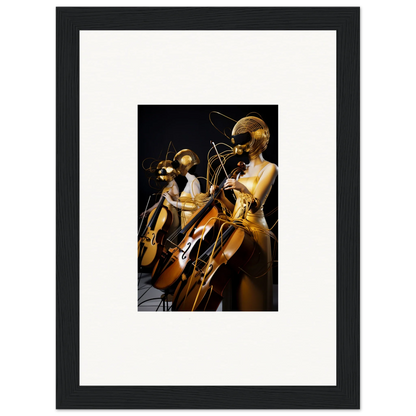 Framed wall art featuring mannequins playing instruments in Amber Crescendo room decor