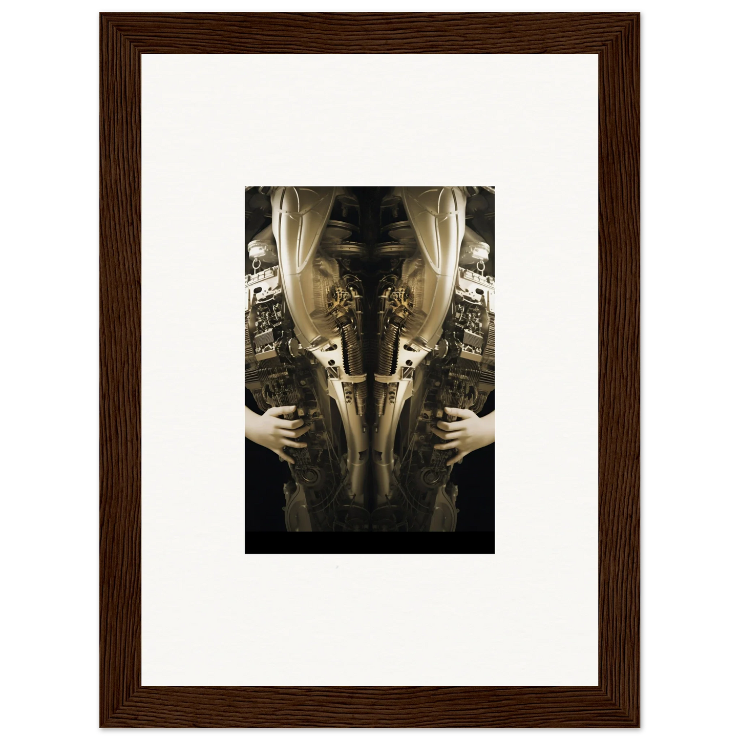 Framed wall art of a mirrored person with an ornate object, showcasing elegance quandary