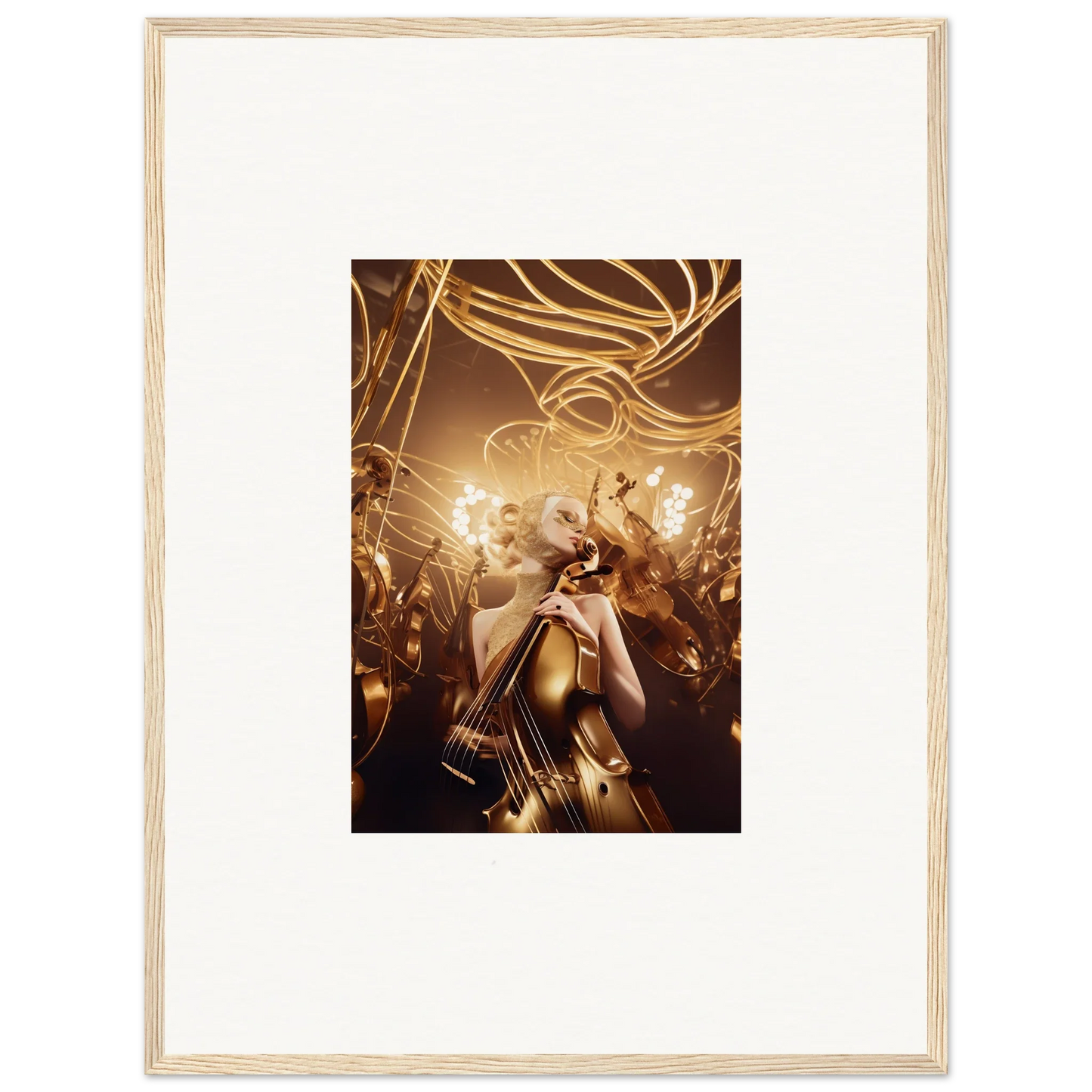 Framed wall art of musician creating Harmony Enigma with violin and swirling lights