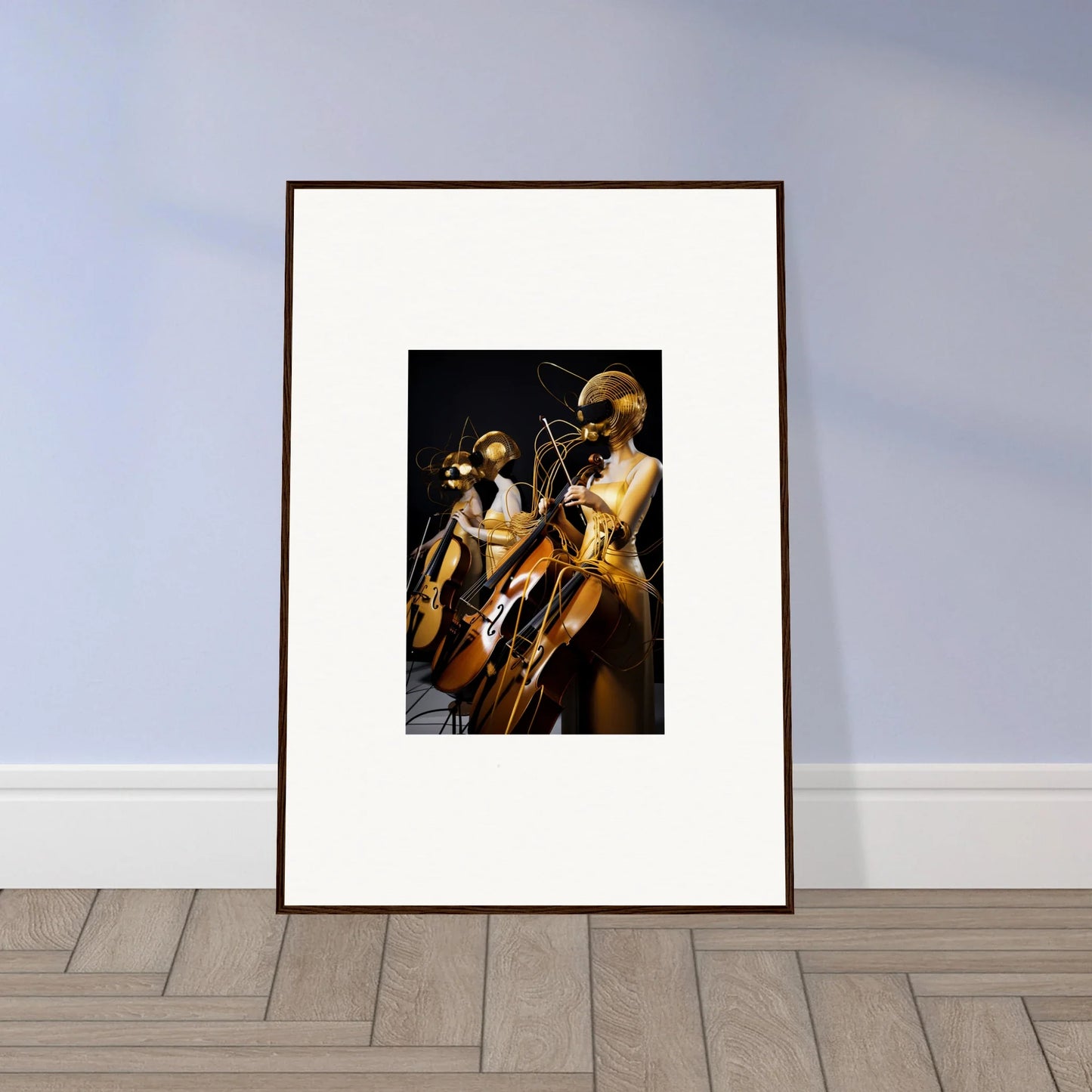 Framed wall art of musicians performing amber crescendo with string instruments on stage