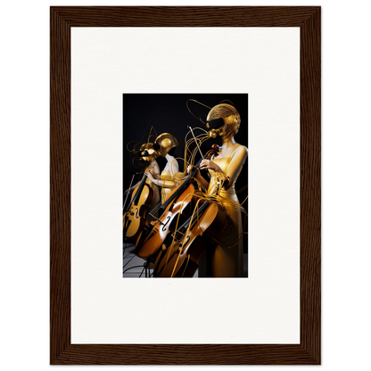 Framed wall art of musicians playing stringed instruments in Amber Crescendo decor