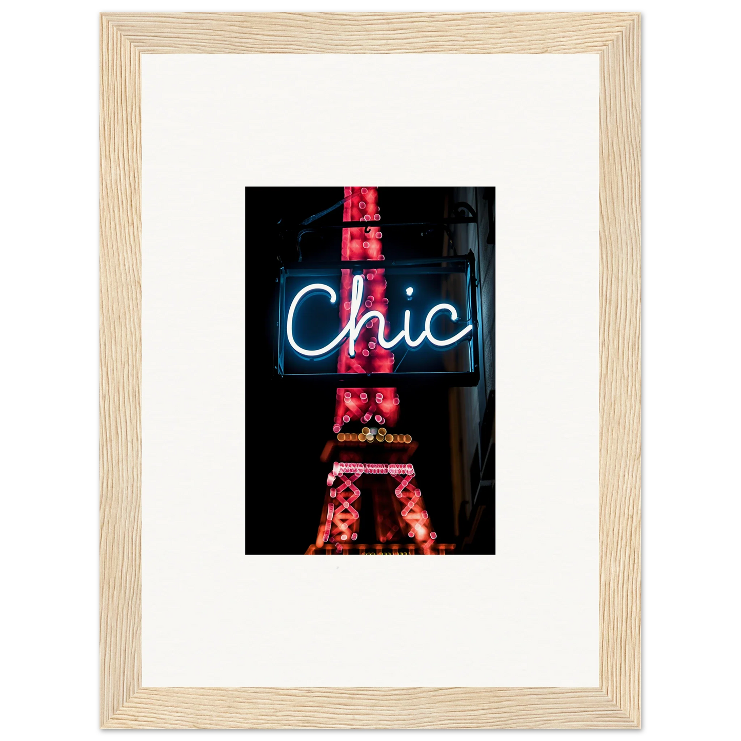 Framed wall art of neon Chic sign and red Eiffel Tower for Paris dreams room decor