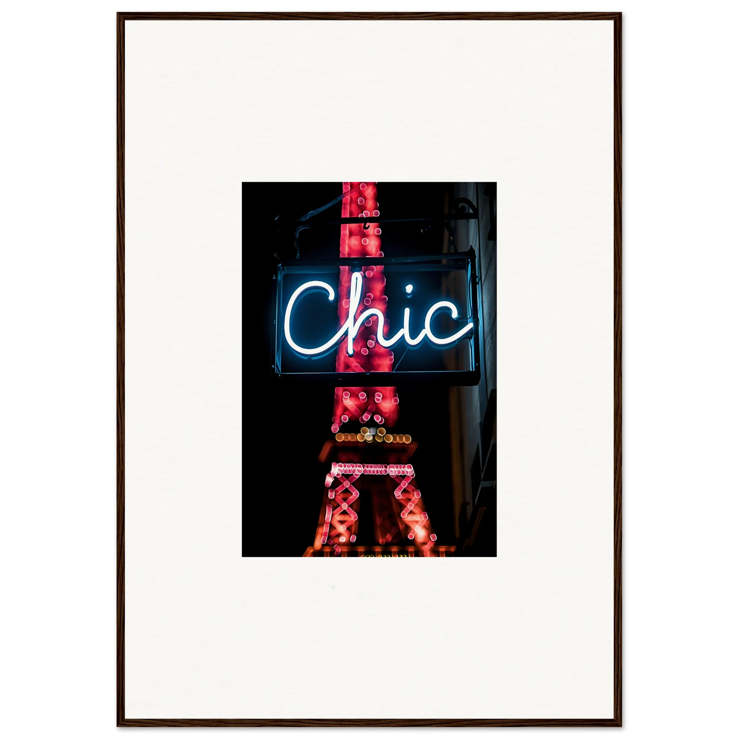 Framed wall art featuring a neon Chic sign with the Eiffel Tower for Paris dreams room decor