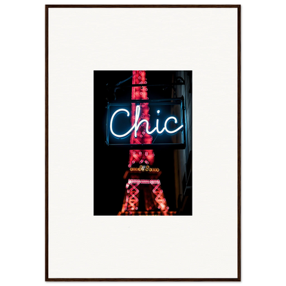 Framed wall art featuring a neon Chic sign with the Eiffel Tower for Paris dreams room decor