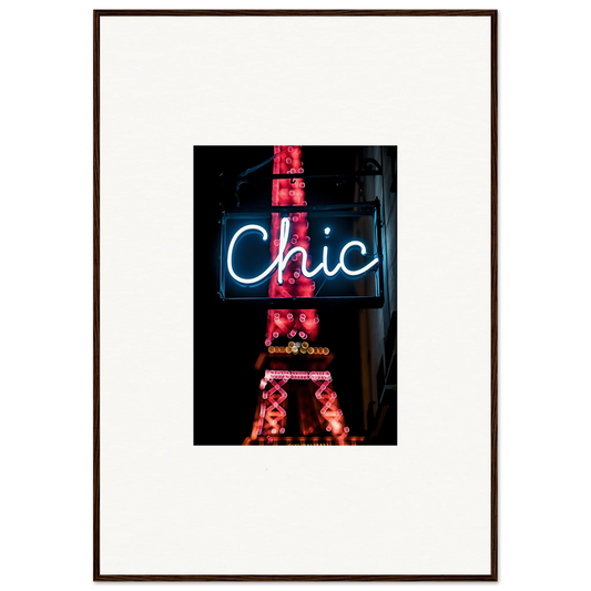 Framed wall art featuring a neon Chic sign with the Eiffel Tower for Paris dreams room decor