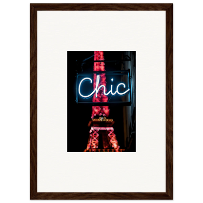 Framed wall art of neon Chic sign with red Eiffel Tower silhouette for Paris dreams room decor