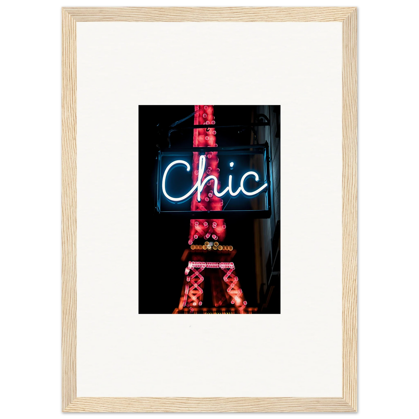 Framed wall art featuring a neon Chic sign and red Eiffel Tower for Paris dreams room decor