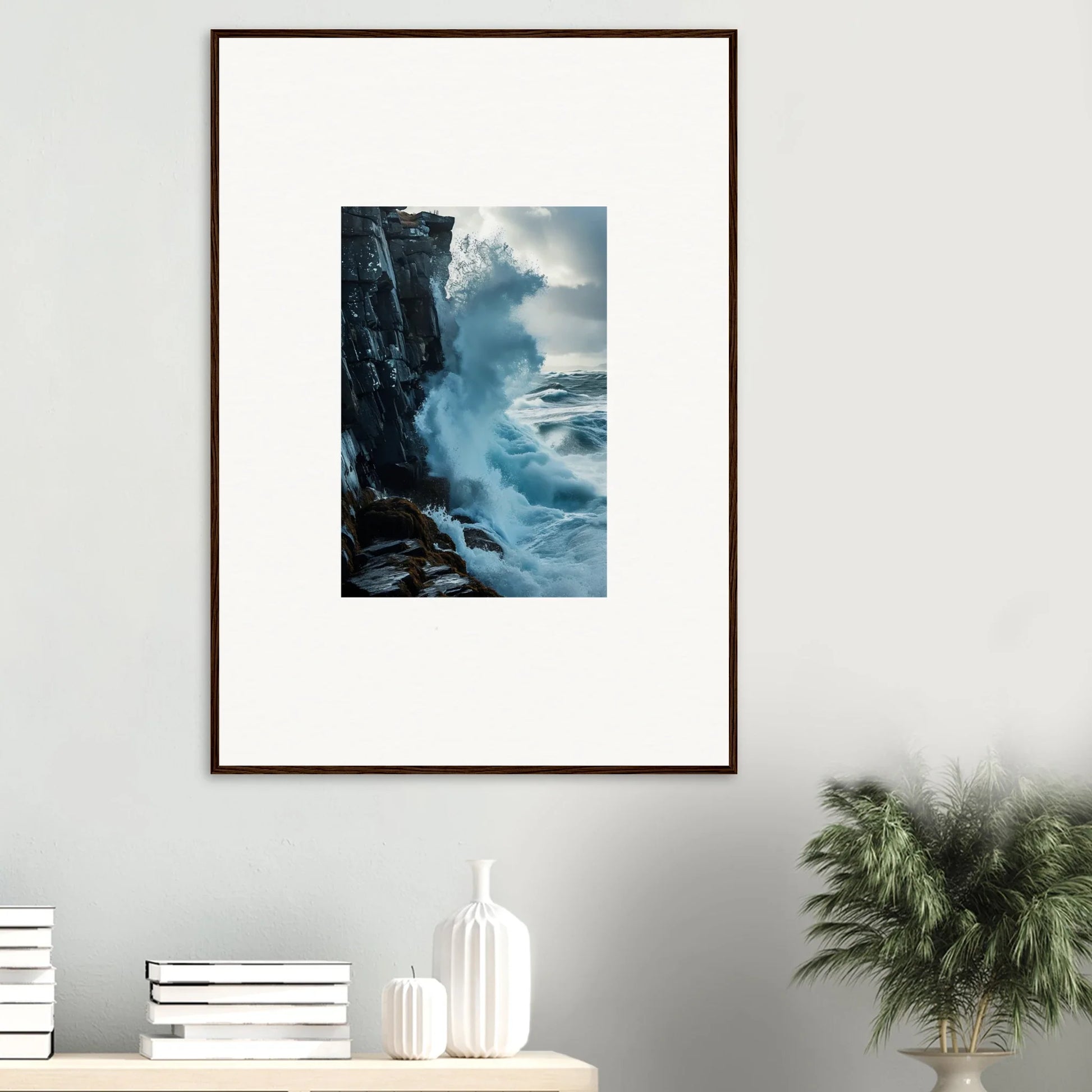 Framed wall art of ocean waves crashing on cliffs for stunning room decor