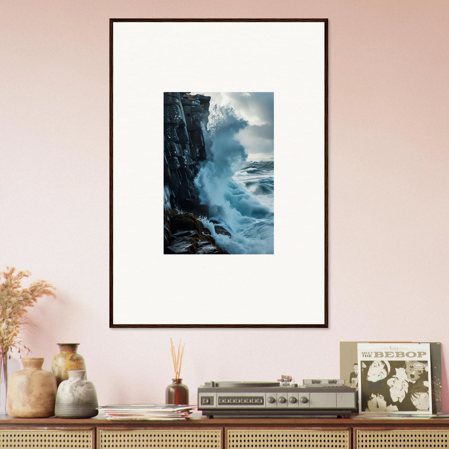 Framed wall art of crashing waves, perfect for room decor, inspired by baptism translation