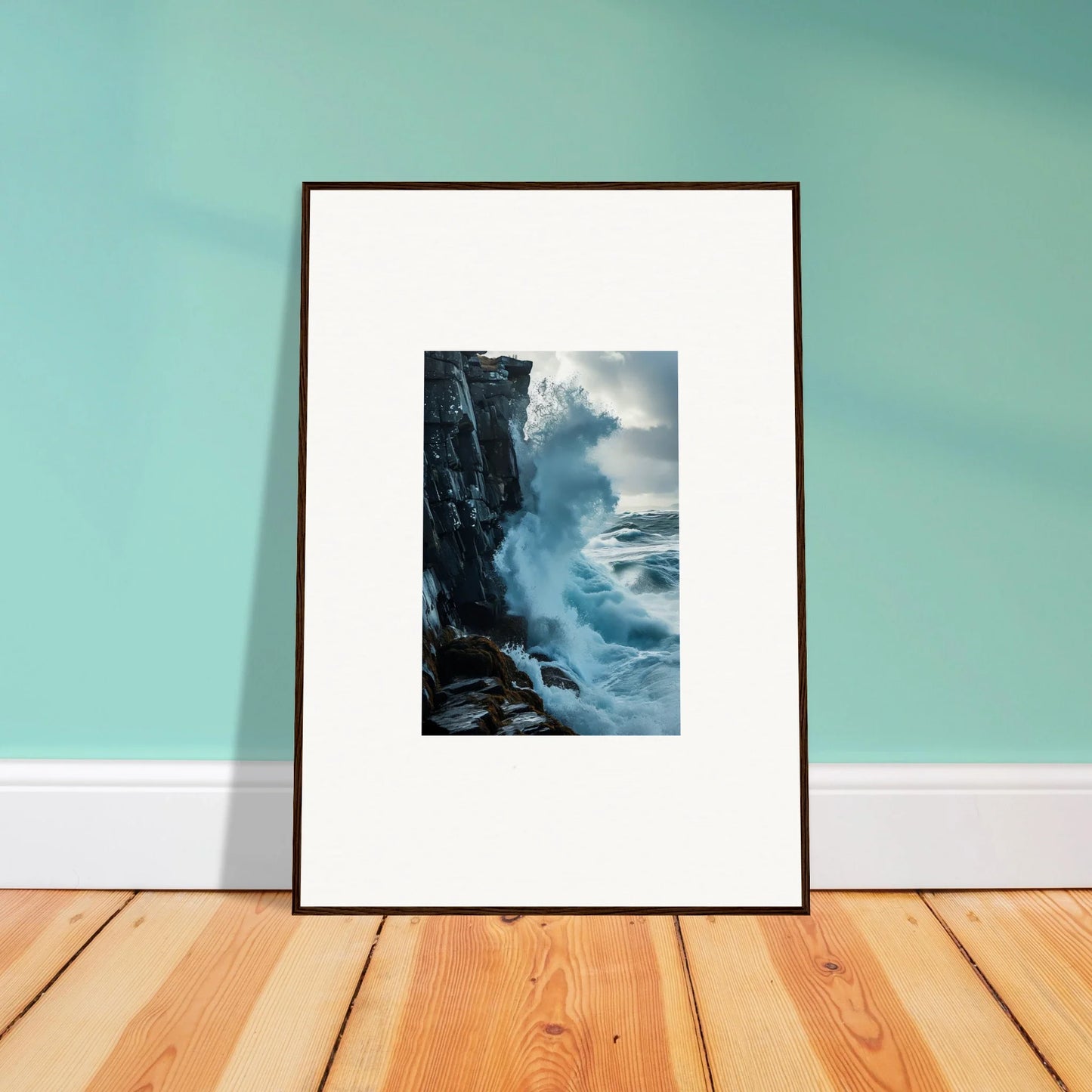 Framed wall art of crashing ocean waves for stunning room decor and baptism translation