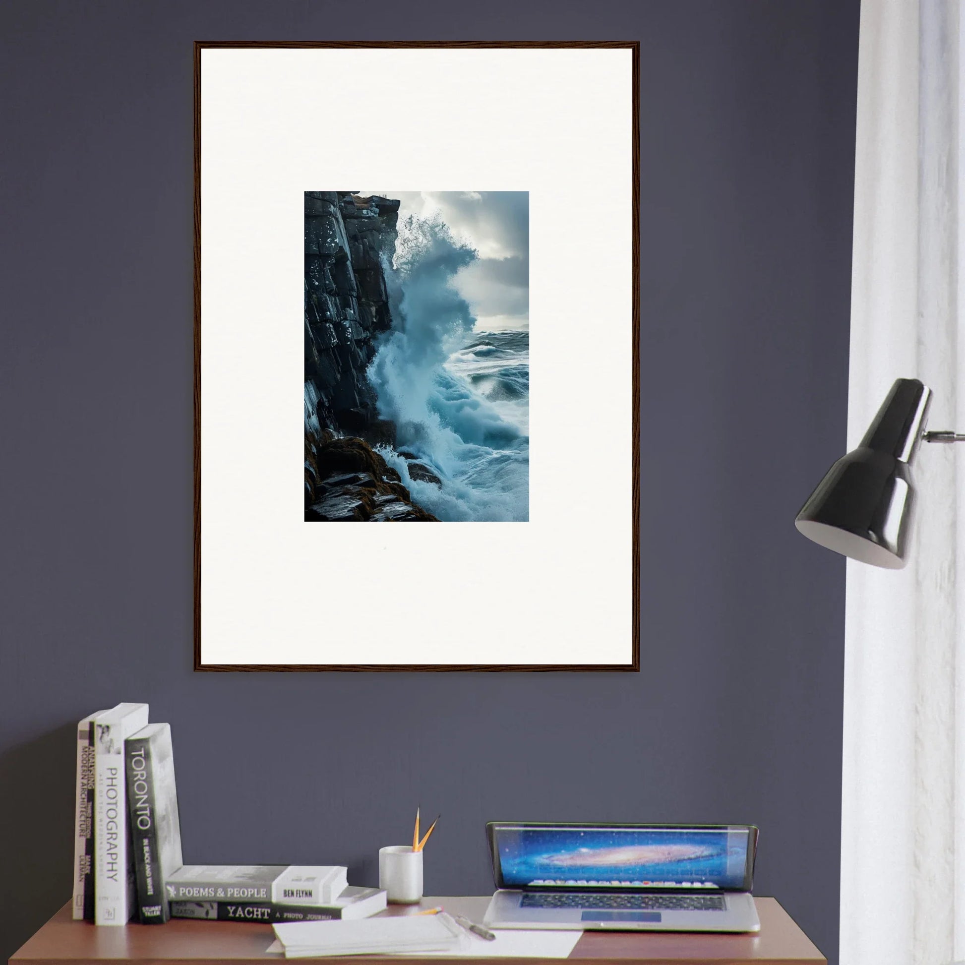 Framed wall art of crashing ocean waves for stunning room decor and baptism translation