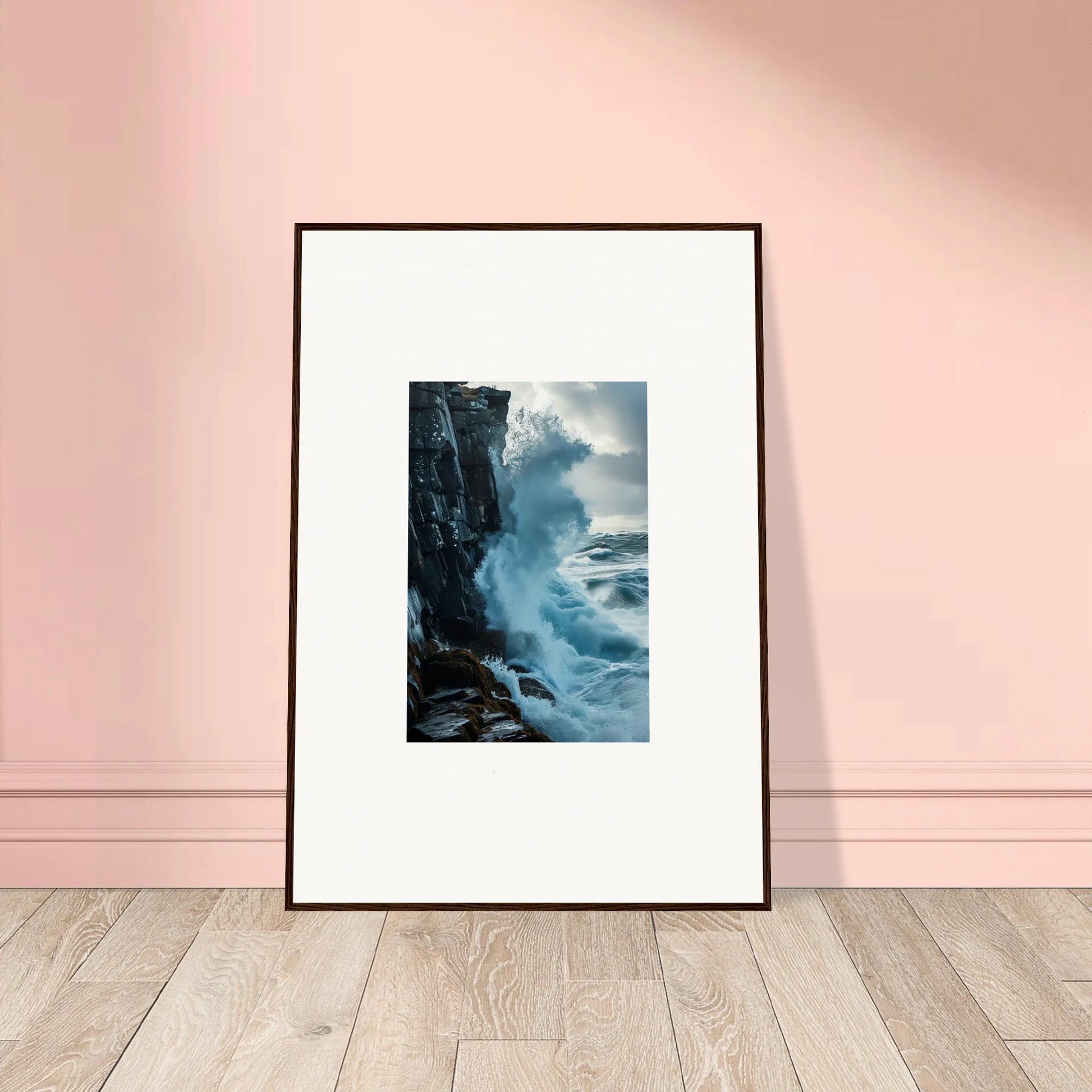 Framed wall art of crashing ocean waves, perfect for baptism translation room decor