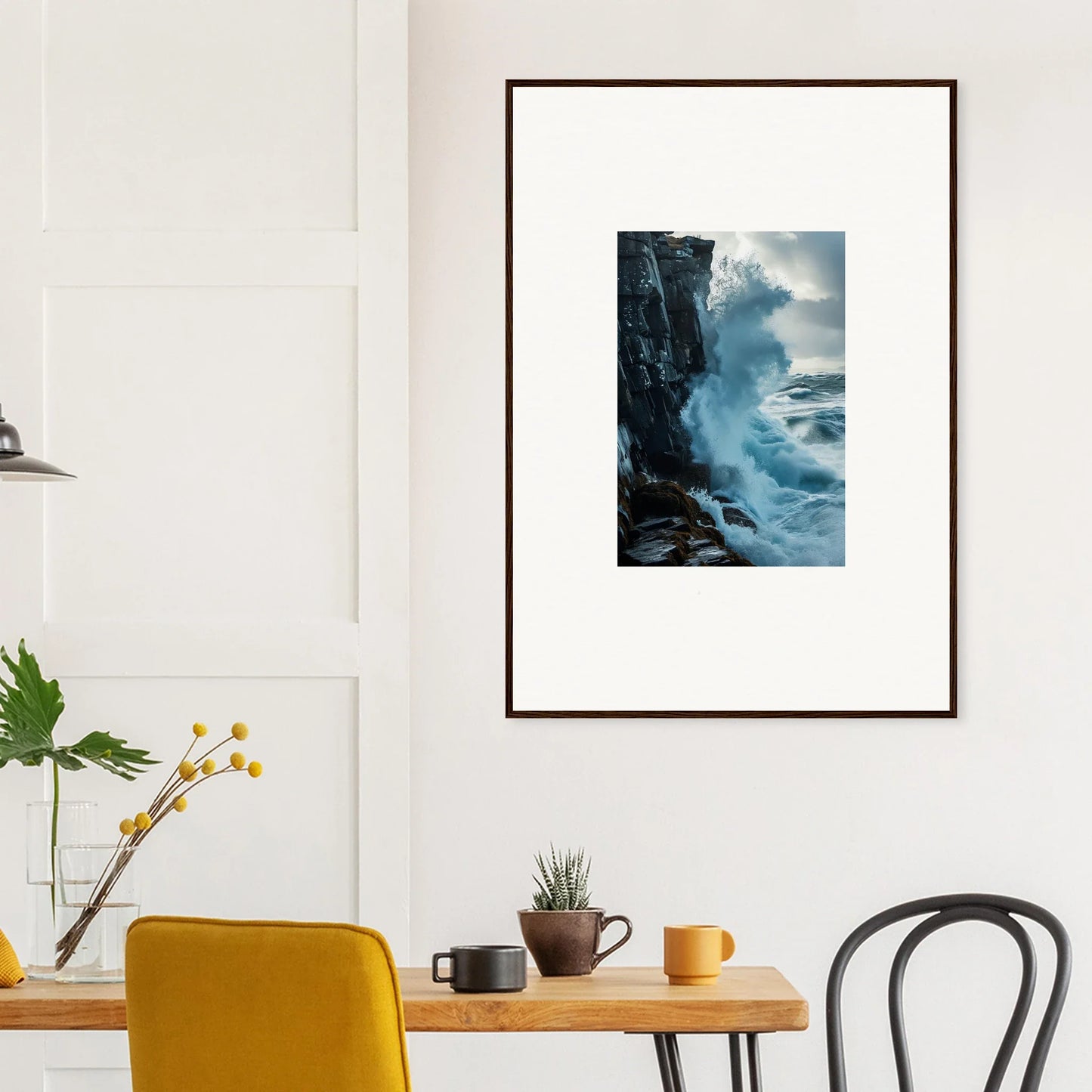 Framed wall art of crashing ocean waves, ideal for baptism translation room decor