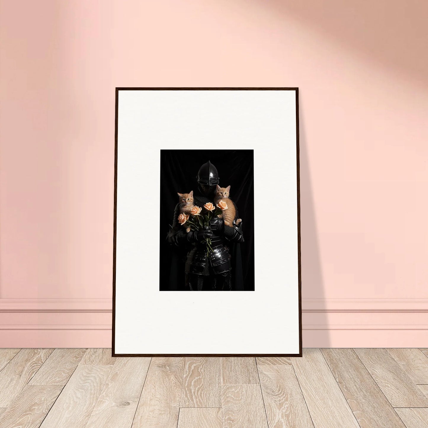 Framed wall art of a person in black holding two cats, enhancing floral epiphany room decor