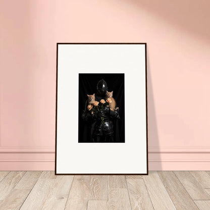 Framed wall art of a person in black holding two cats, enhancing floral epiphany room decor