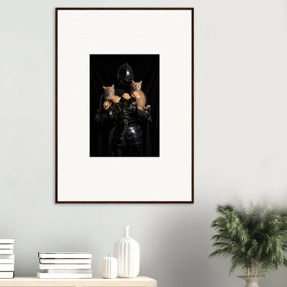 Framed wall art of a person in dark clothing with two cats, perfect for floral epiphany room decor