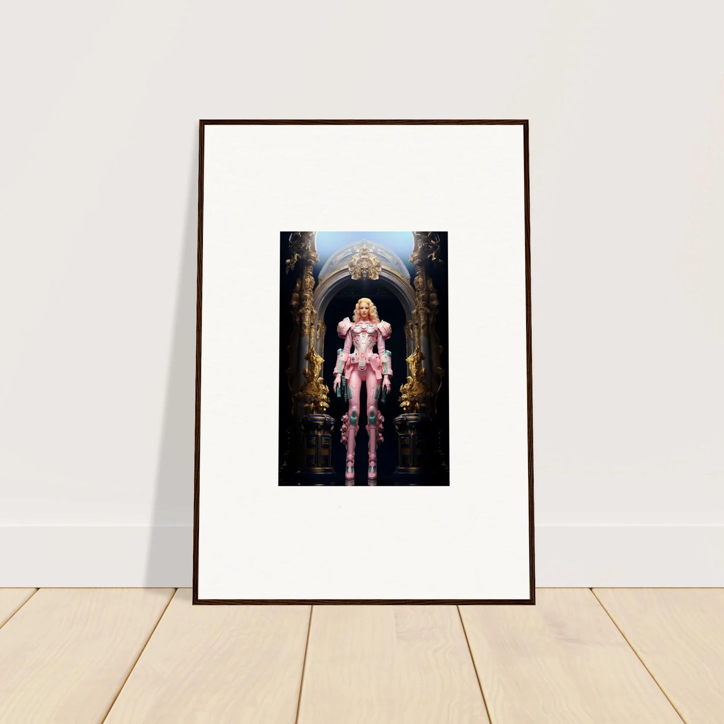 Framed wall art of person in pink costume in ornate archway, perfect for room decor