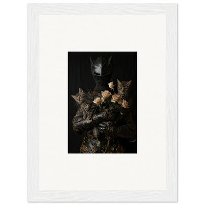 Framed wall art of a person with flowers and cats for cozy Cuddle Chaotica room decor