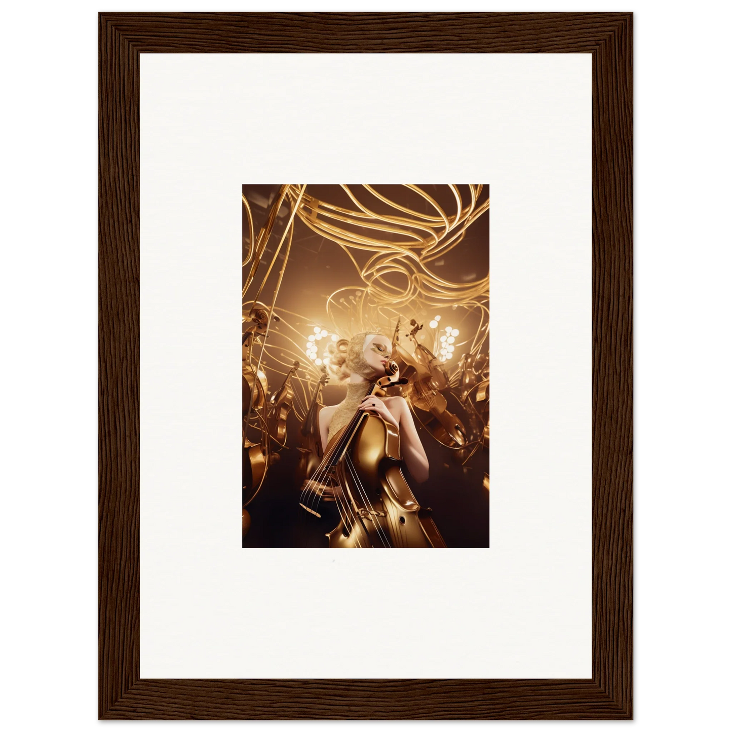 Framed wall art of a person in golden attire, embodying Harmony Enigma for room decor