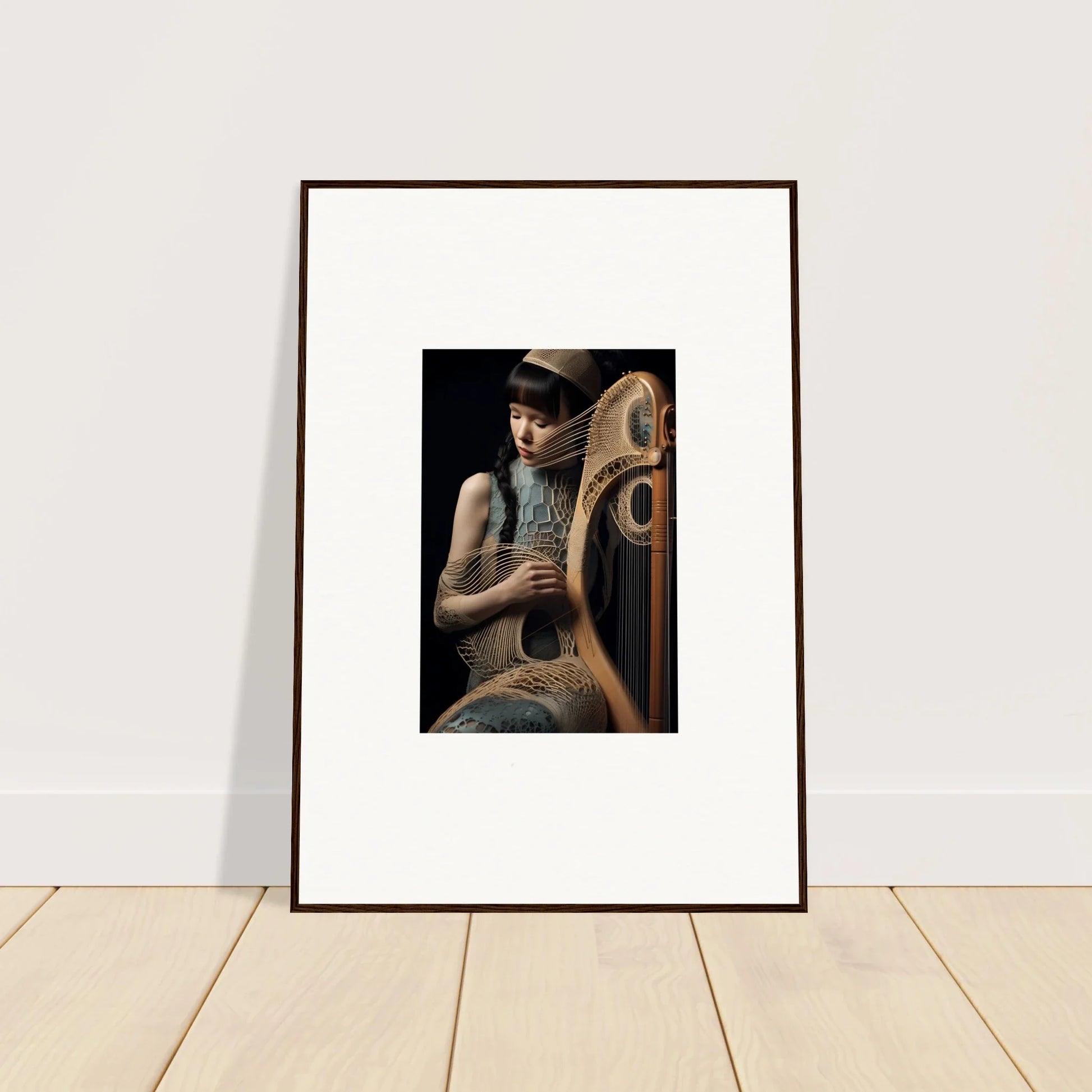 Framed wall art of a person playing a harp, perfect for Velvet Fantasia room decor