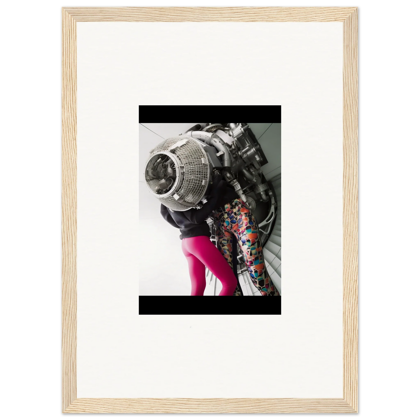 Framed wall art featuring a person in a metallic helmet and colorful clothing for room decor