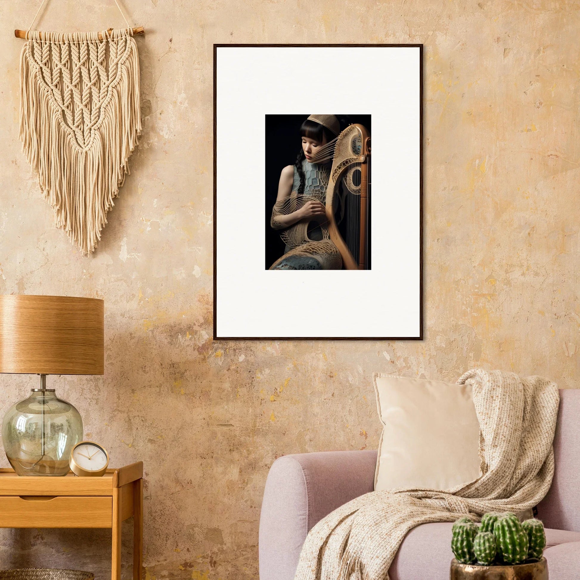 Framed wall art featuring a person with a cello, ideal for Velvet Fantasia room decor