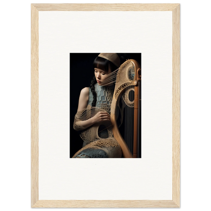 Framed wall art of a person with an ornate harp-like instrument in Velvet Fantasia