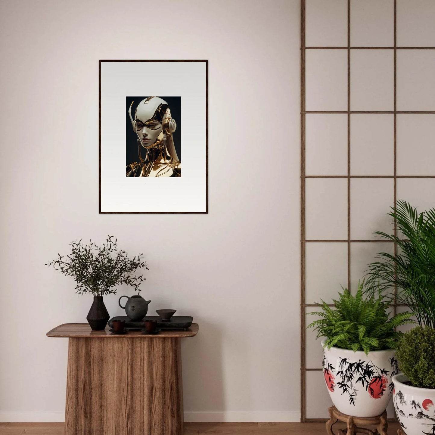 Framed wall art of a person in ornate headdress for elegant Botanical Sonata room decor