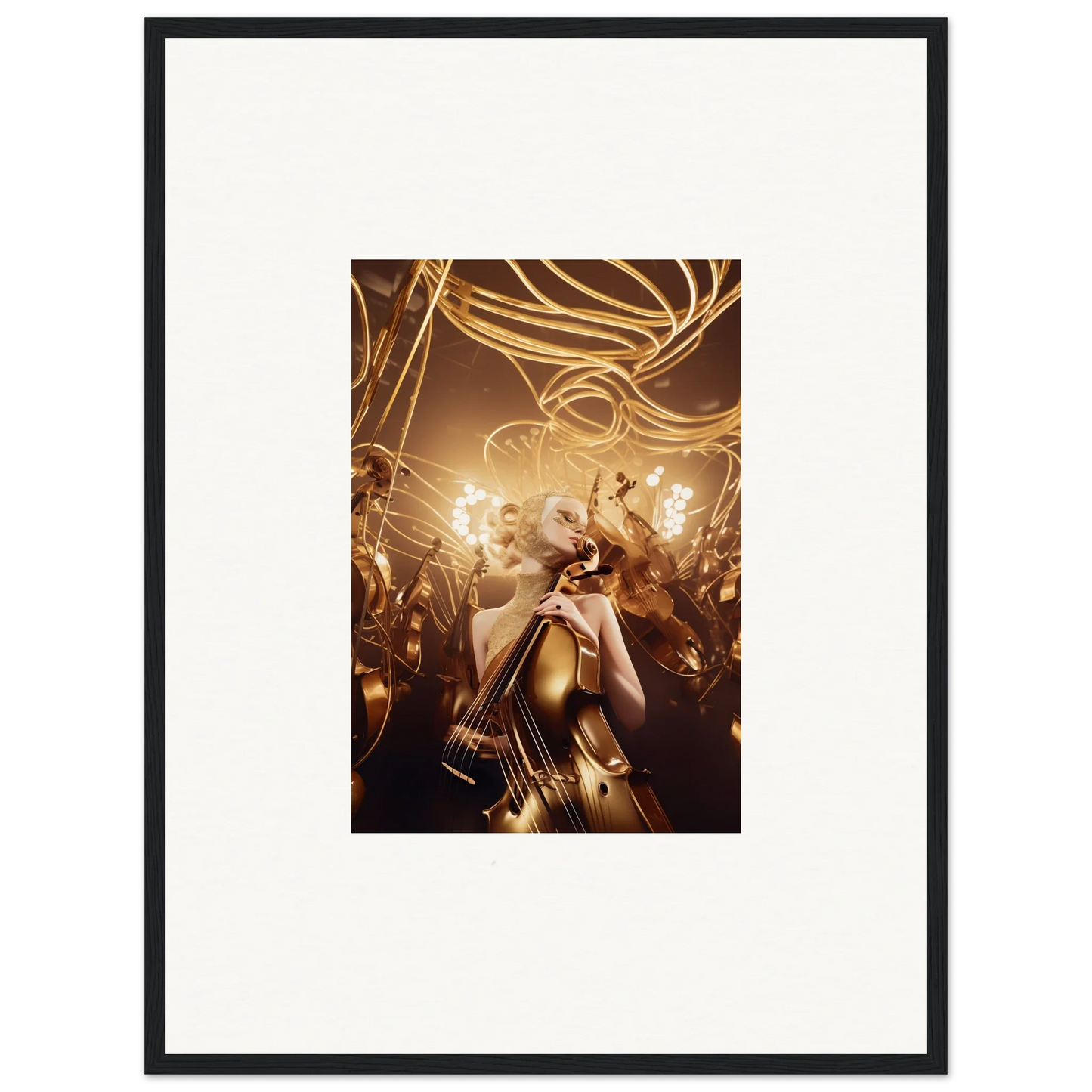 Framed wall art of a performer in golden light, ideal for room decor with harmony enigma