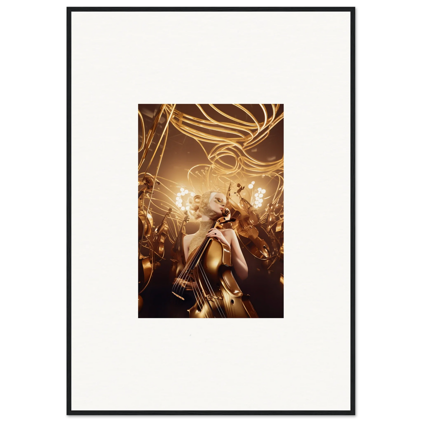 Framed wall art of a person in swirling golden light at a vibrant celebration for harmony enigma