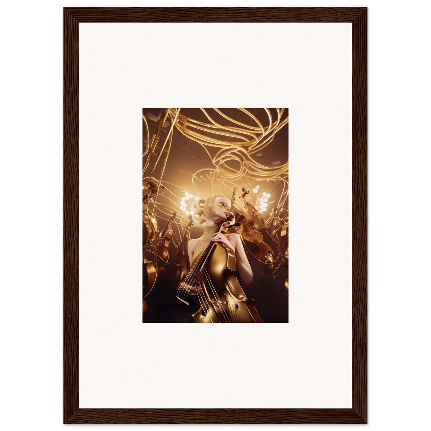 Framed wall art of a person in golden light at a concert, capturing harmony enigma