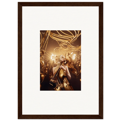 Framed wall art of a person in golden light at a concert, capturing harmony enigma