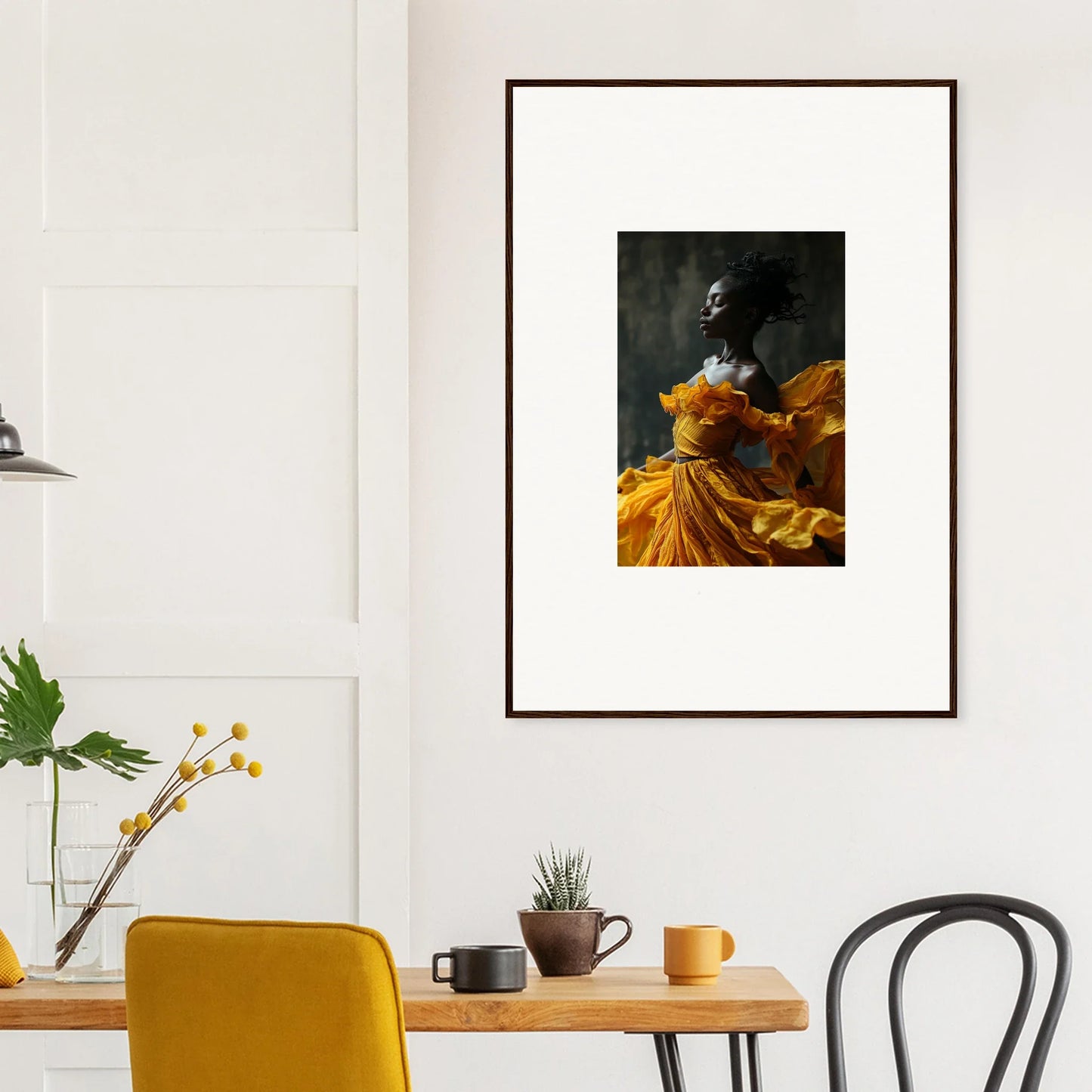 Framed wall art of a person in a yellow dress for vibrant room decor with sunlit whispers