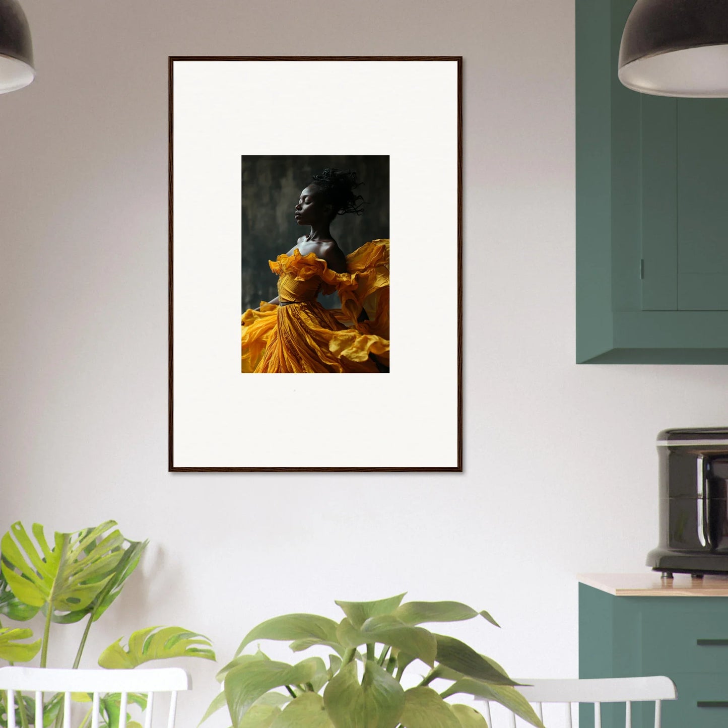 Framed wall art of a person in a yellow dress, perfect for sunlit whispers room decor