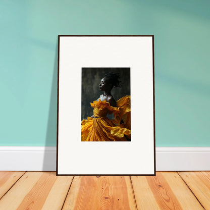 Framed wall art of a person in a vibrant yellow dress, adding sunlit whispers to room decor