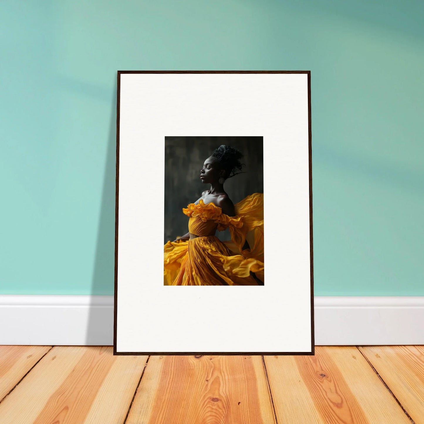 Framed wall art of a person in a yellow dress, perfect for Silence Rapture room decor